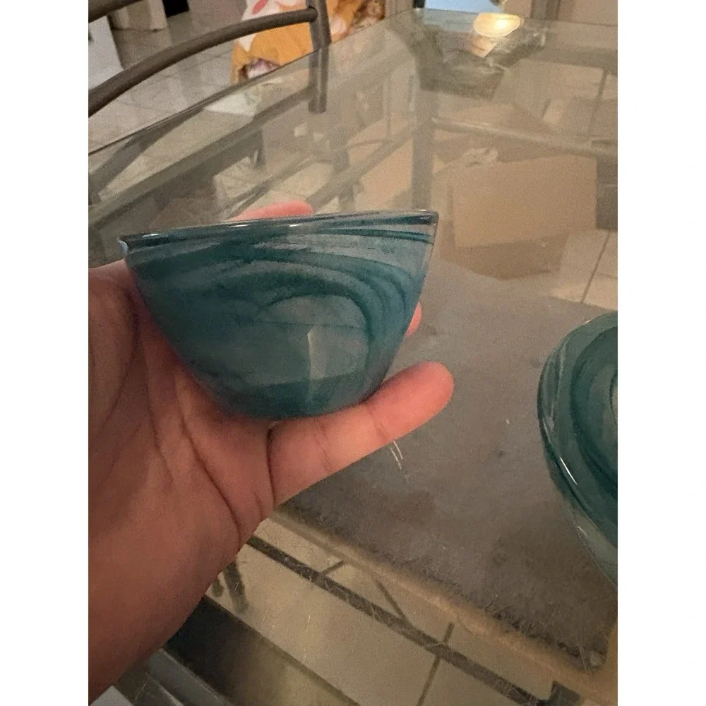 VTG PartyLite Teal Blue Swirl Heavy Glass Votive Tealight Candle Holders Pair